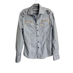 Toku Shirt Mens SZ Small Checkered Print Button-Up Long Sleeve Blue and White